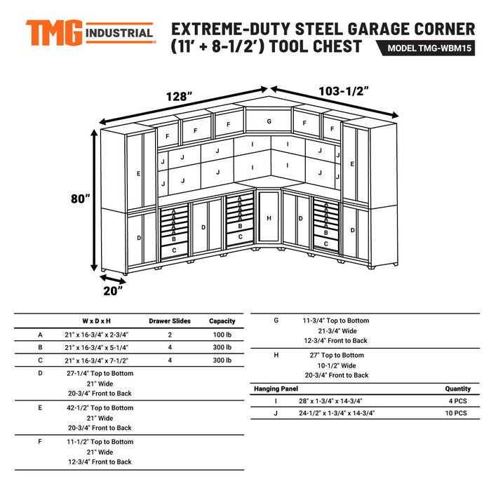 TMG Industrial Extreme-Duty Steel Garage Corner (11' + 8.5') Coffre à outils avec panneau perforé, prises de courant, port USB, lampes à DEL à mouvement magnétique, TMG-WBM15