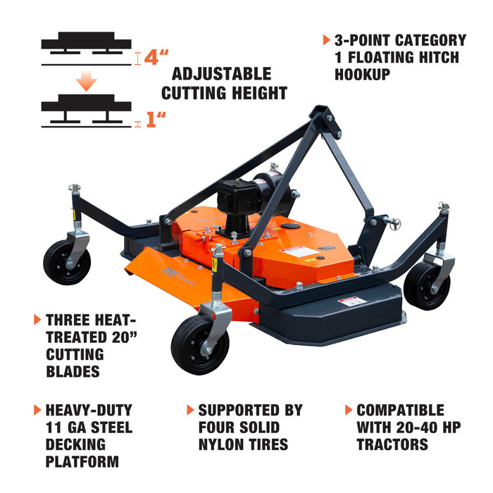 TMG Industrial 60” Tow-Behind 3-Point Hitch Finish Mower, 20-40 HP Compact Tractor, PTO Drive Shaft Included, TMG-TFN60